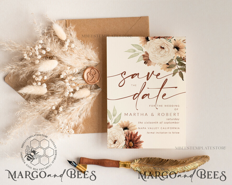 TEMPLETT save the date Boho Ivory save the date card Template, Instant Download Printable Invites Home Printing, Simple save the date card with photo, WBoho10
