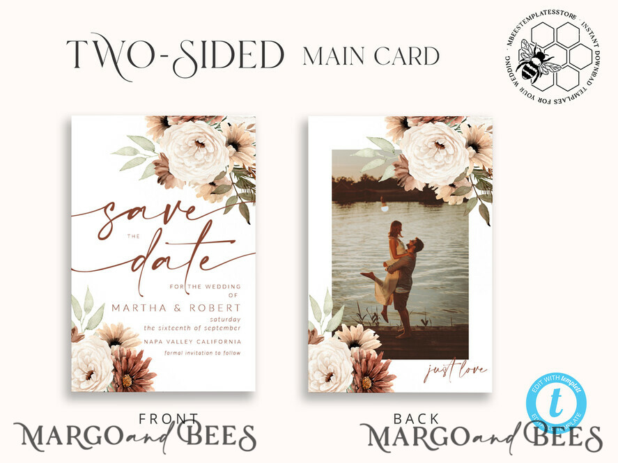 TEMPLETT save the date Boho Ivory save the date card Template, Instant Download Printable Invites Home Printing, Simple save the date card with photo, WBoho10