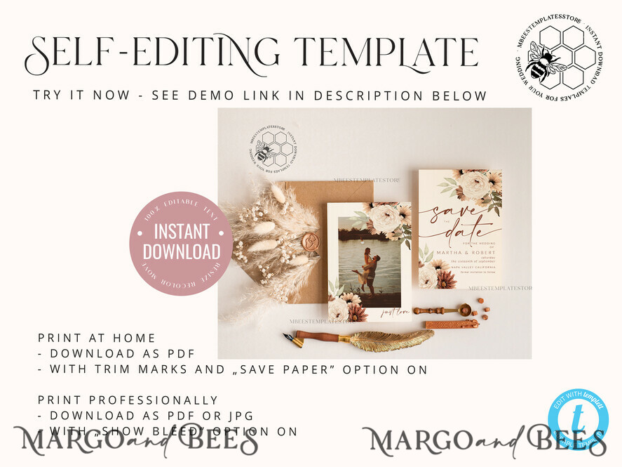 TEMPLETT save the date Boho Ivory save the date card Template, Instant Download Printable Invites Home Printing, Simple save the date card with photo, WBoho10