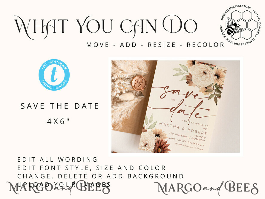TEMPLETT save the date Boho Ivory save the date card Template, Instant Download Printable Invites Home Printing, Simple save the date card with photo, WBoho10