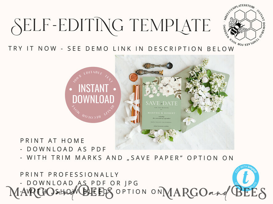 TEMPLETT save the date Sage Green save the date card template, Instant download Greenery save the date card, Modern Garden save the date cards Set Printable WSpr3