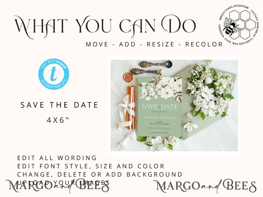 TEMPLETT save the date Sage Green save the date card template, Instant download Greenery save the date card, Modern Garden save the date cards Set Printable WSpr3