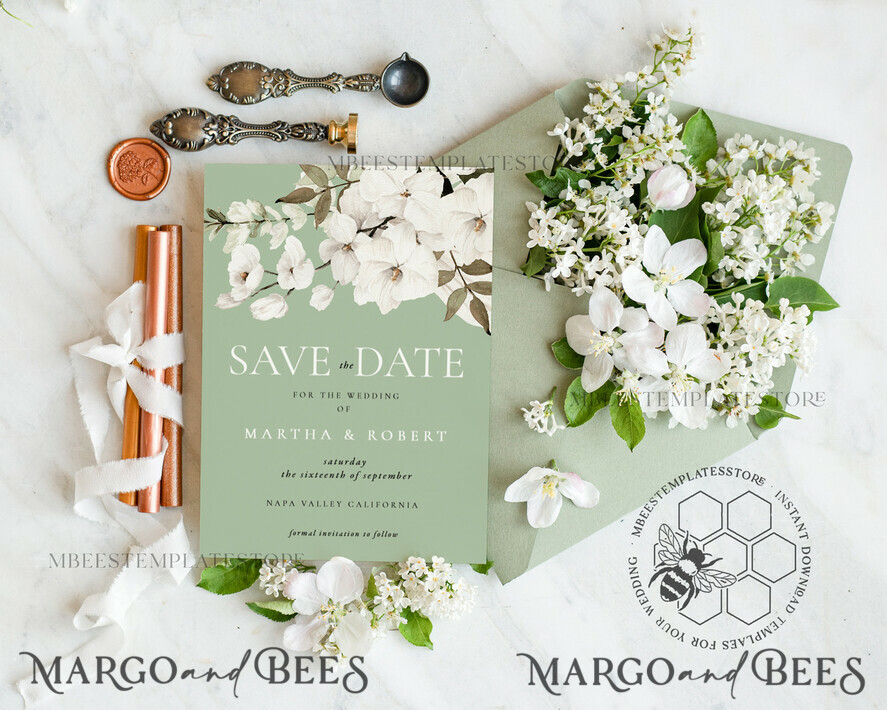 TEMPLETT save the date Sage Green save the date card template, Instant download Greenery save the date card, Modern Garden save the date cards Set Printable WSpr3