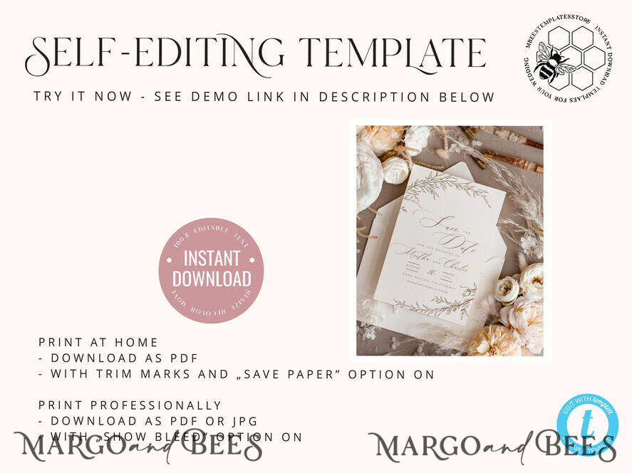 TEMPLETT save the date Boho save the date card template, Elegant Instant download save the date card, Rustic Cards Set Printable, Fine art Save Our Date