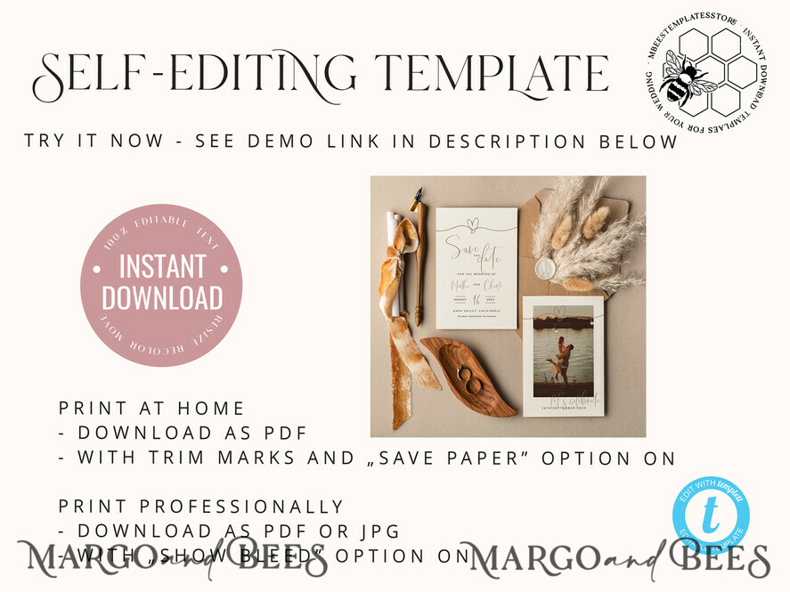 TEMPLETT save the date Boho save the date card template, Elegant Instant download save the date card, Rustic Cards Set Printable, Fine art Save Our Date,