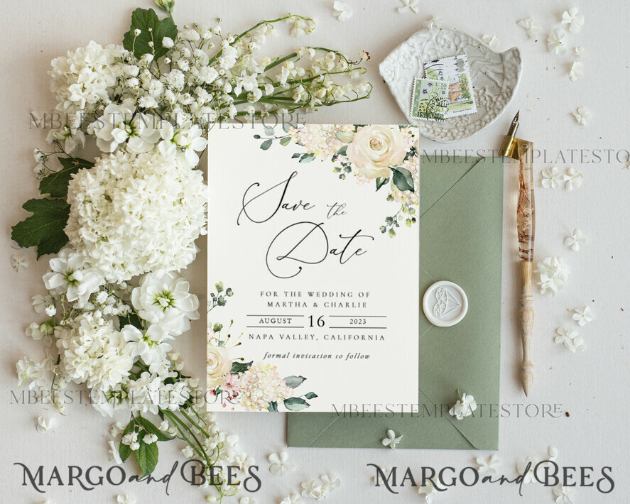 TEMPLETT save the date Floral save the date card template, Instant download Greenery save the date card, Elegant save the date cards Set Printable WRoses55