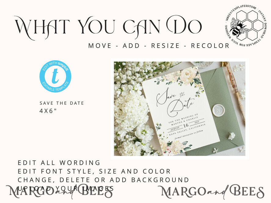 TEMPLETT save the date Floral save the date card template, Instant download Greenery save the date card, Elegant save the date cards Set Printable WRoses55