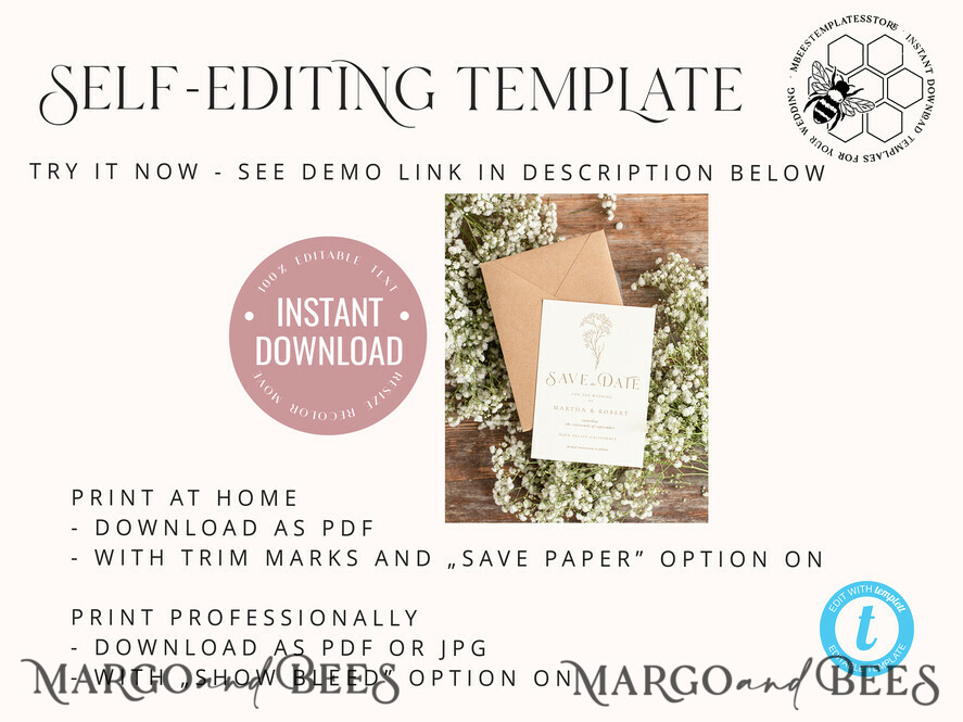 TEMPLETT save the date Boho save the date card template, Elegant Instant download save the date card, Rustic save the date cards Set Printable WGyp2