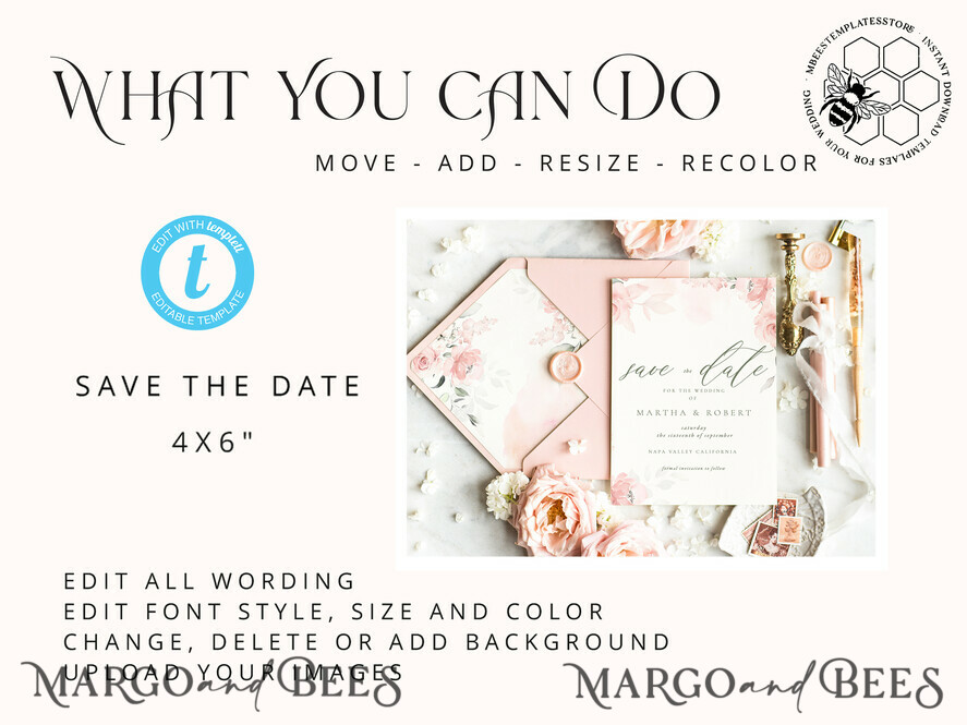 TEMPLETT save the date Romantic save the date card template, Instant download save the date card, Elegant save the date cards Set Printable WRom1