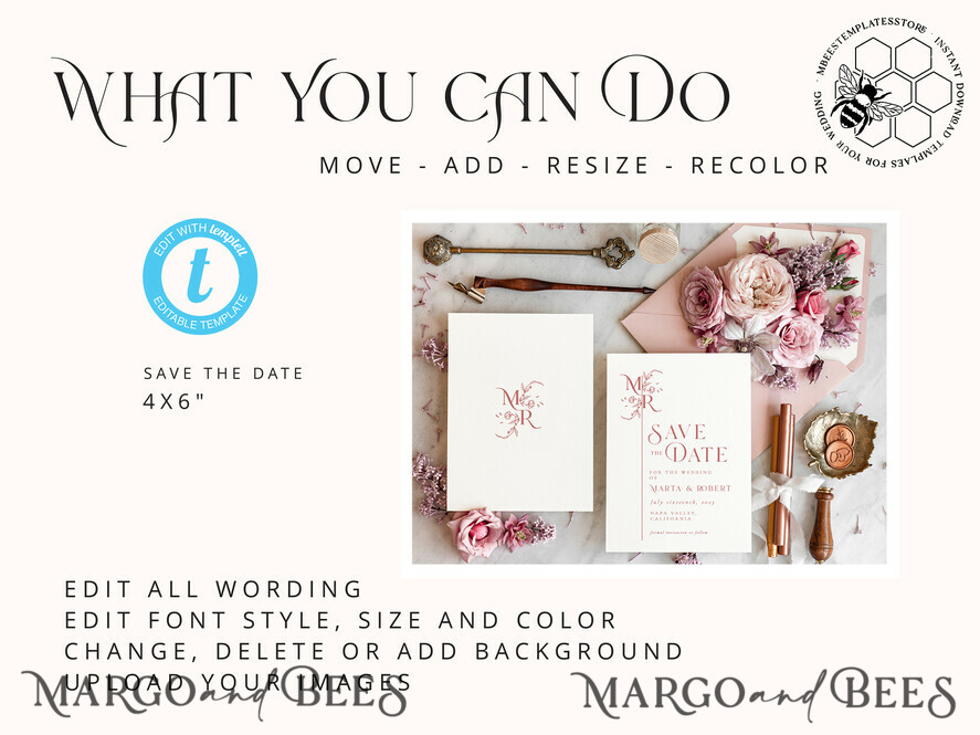 TEMPLETT save the date Romantic save the date card template, Instant download save the date card, minimalistic save the date cards Set Printable WMin1