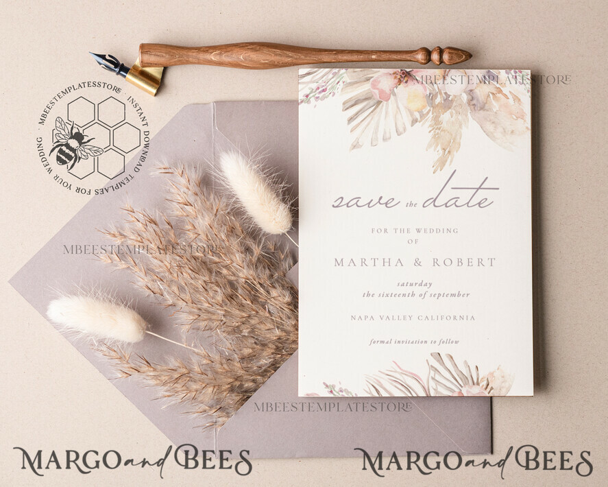 TEMPLETT save the date Pampas save the date card template, Instant download save the date card, Elegant Floral save the date cards Set Printable WPam5