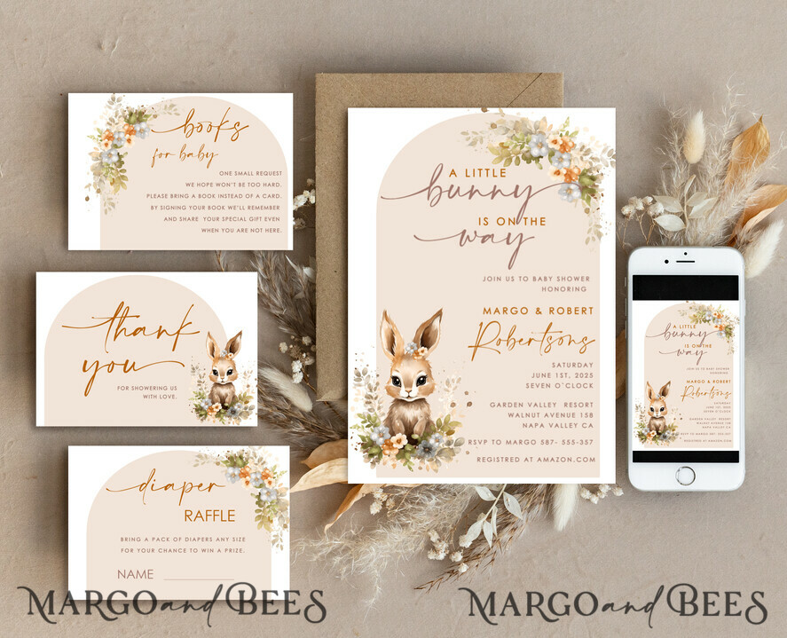 TEMPLETT baby shower Bunny Gender Neutral Baby Shower Invitation Template, Floral Bunny Instant Download Printable Invites Home Printing, Simple modern Card Set