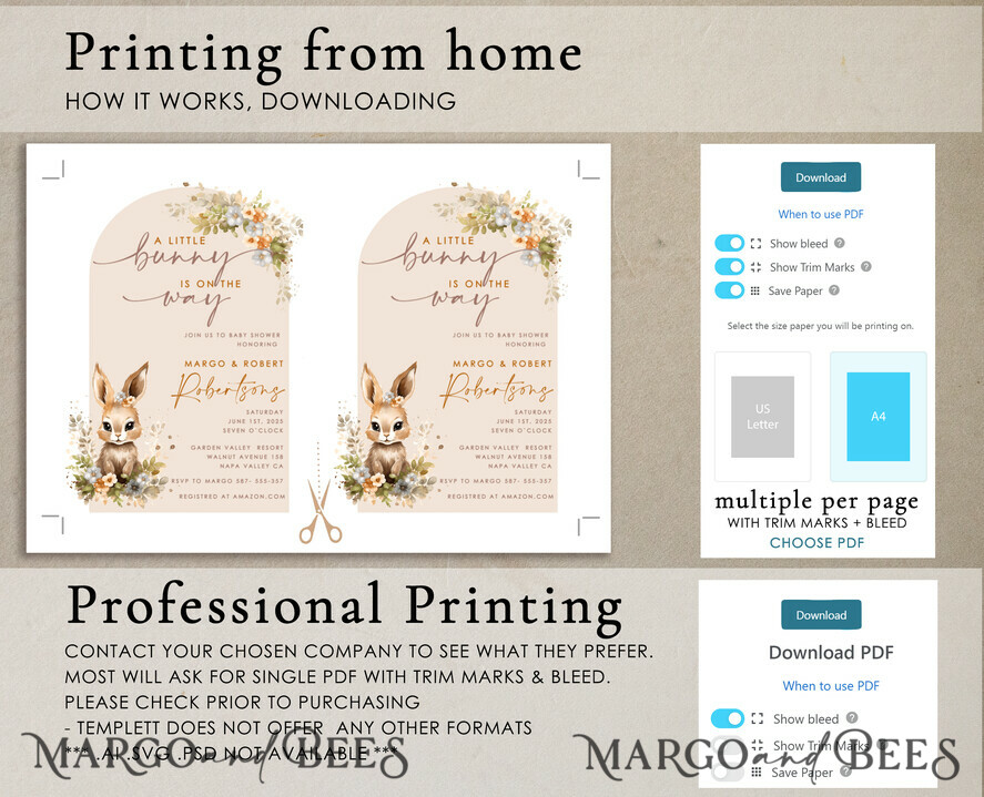 TEMPLETT baby shower Bunny Gender Neutral Baby Shower Invitation Template, Floral Bunny Instant Download Printable Invites Home Printing, Simple modern Card Set
