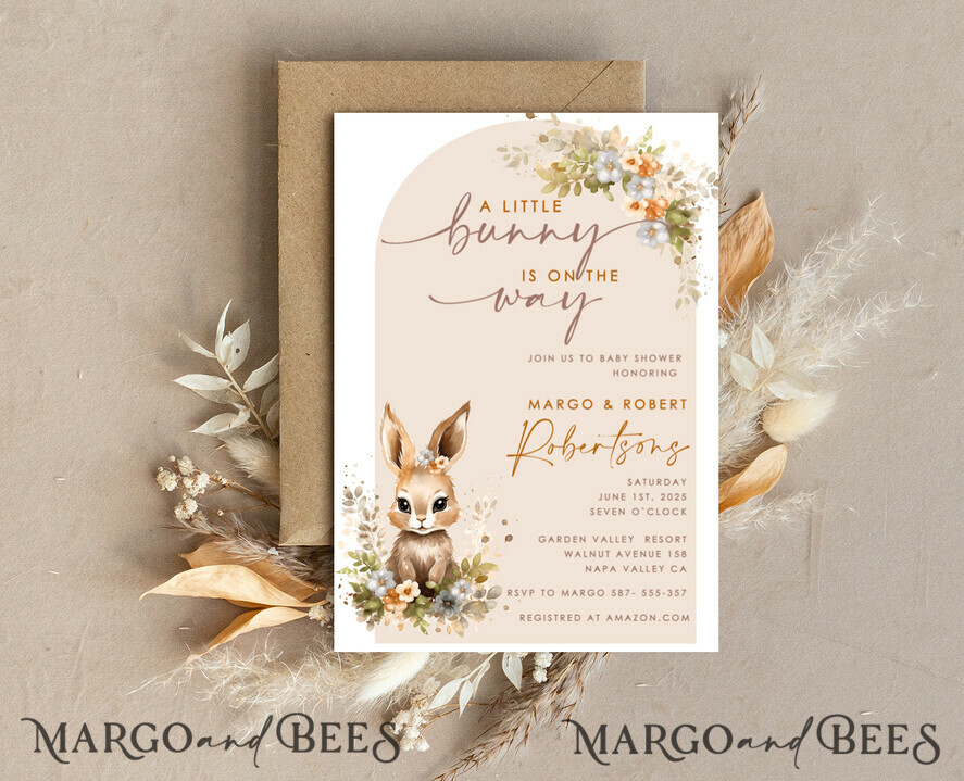 TEMPLETT baby shower Bunny Gender Neutral Baby Shower Invitation Template, Floral Bunny Instant Download Printable Invites Home Printing, Simple modern Card Set