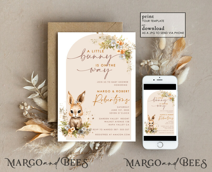 TEMPLETT baby shower Bunny Gender Neutral Baby Shower Invitation Template, Floral Bunny Instant Download Printable Invites Home Printing, Simple modern Card Set
