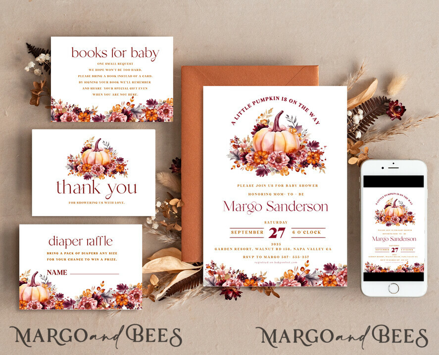 TEMPLETT baby shower Editable Fall Baby Shower Invitation Template Set Little Pumpkin is on the way Diapper Raffle Books Instant Download Invites Gender Neutral