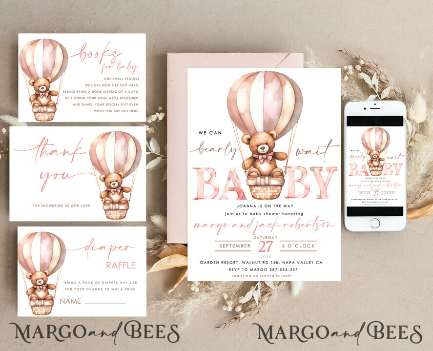 TEMPLETT baby shower Teddy Bear Baby Girl Shower Invitation Template Set We Can Bearly Wait Diaper Raffle Books, Instant Download pink hot air balloon basket