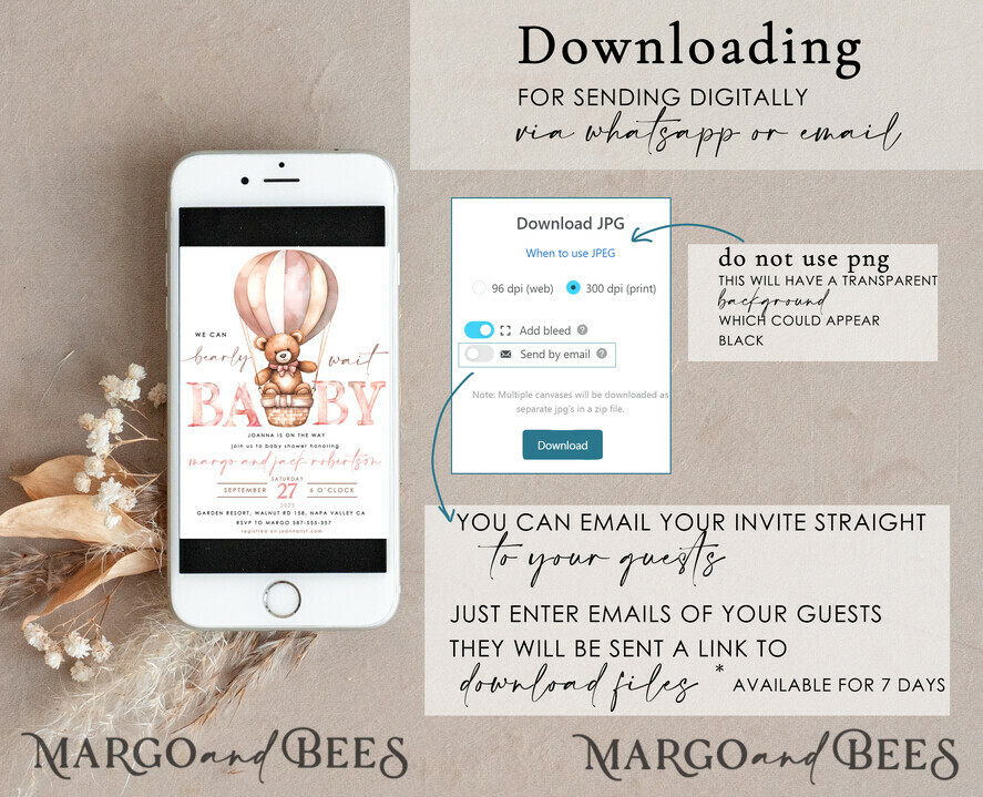 TEMPLETT baby shower Teddy Bear Baby Girl Shower Invitation Template Set We Can Bearly Wait Diaper Raffle Books, Instant Download pink hot air balloon basket