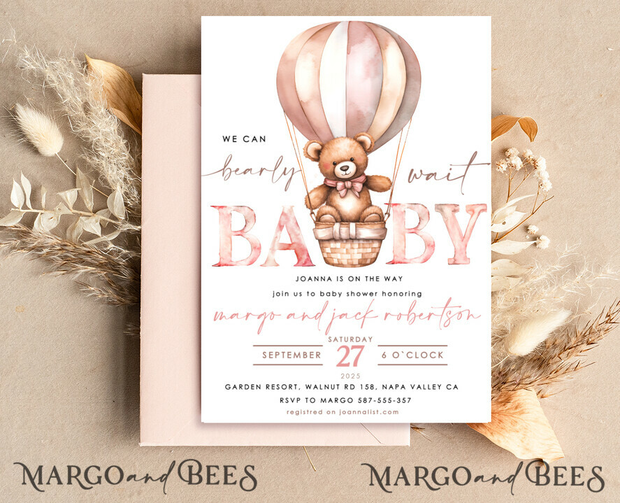 TEMPLETT baby shower Teddy Bear Baby Girl Shower Invitation Template Set We Can Bearly Wait Diaper Raffle Books, Instant Download pink hot air balloon basket