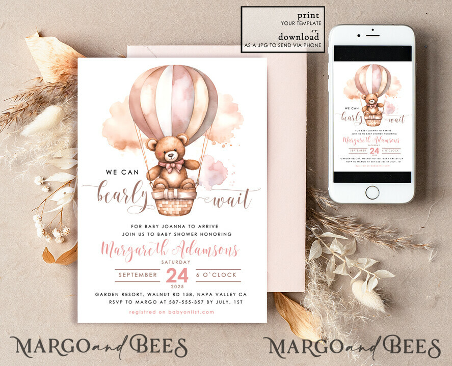 TEMPLETT baby shower Teddy Bear Baby Girl Shower Invitation Template Set We Can Bearly Wait Diaper Raffle Books, Instant Download pink hot air balloon basket