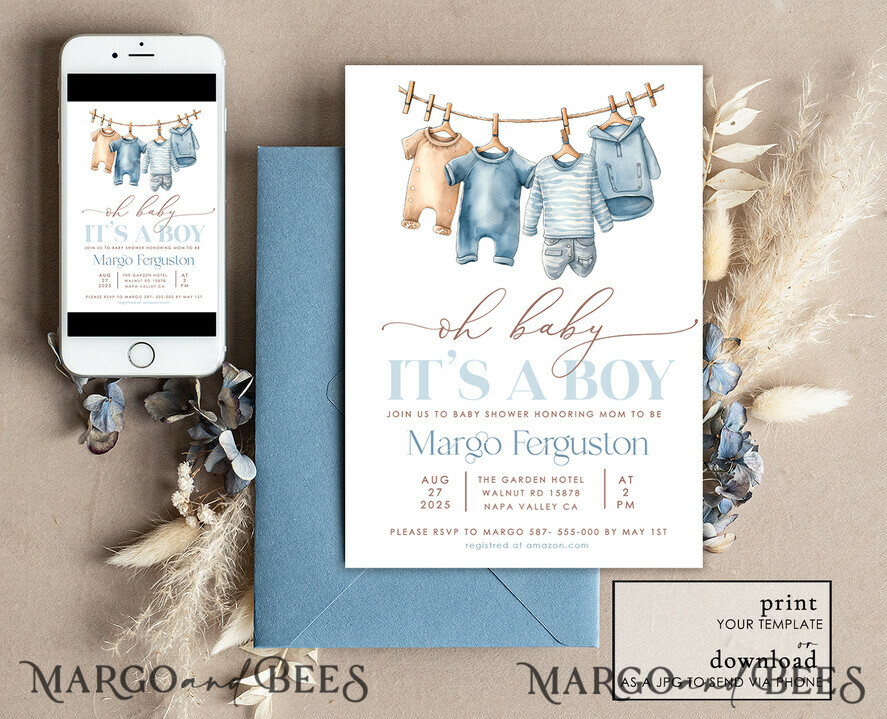 TEMPLETT baby shower Clothes Baby Boy Shower Invitation Template Set Oh baby It\'s a boy Diapper Raffle Books Arch Instant Download Dusty Blue editable invite