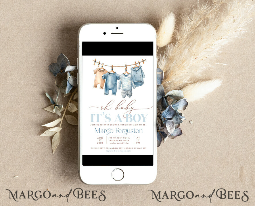 TEMPLETT baby shower Clothes Baby Boy Shower Invitation Template Set Oh baby It\'s a boy Diapper Raffle Books Arch Instant Download Dusty Blue editable invite