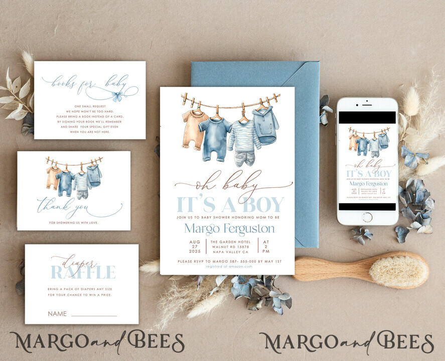 TEMPLETT baby shower Clothes Baby Boy Shower Invitation Template Set Oh baby It\'s a boy Diapper Raffle Books Arch Instant Download Dusty Blue editable invite