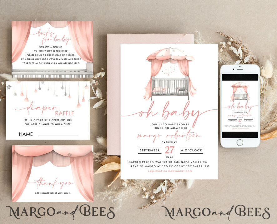 TEMPLETT baby shower Crib Baby Girl Shower Invitation Template Set Oh baby little pink crib Diapper Raffle Books Arch Instant Download Blush Pink editable invite