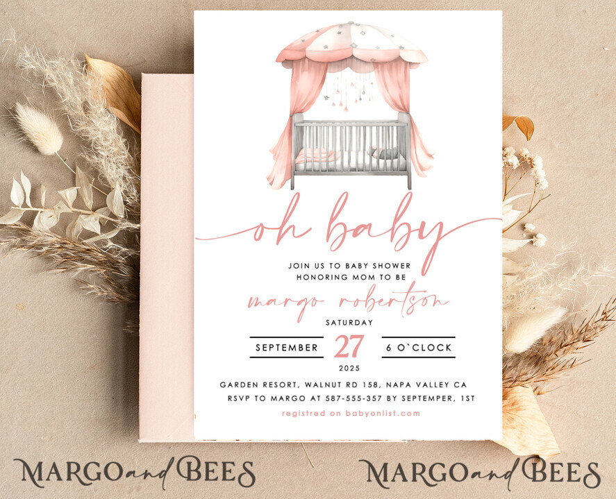 TEMPLETT baby shower Crib Baby Girl Shower Invitation Template Set Oh baby little pink crib Diapper Raffle Books Arch Instant Download Blush Pink editable invite