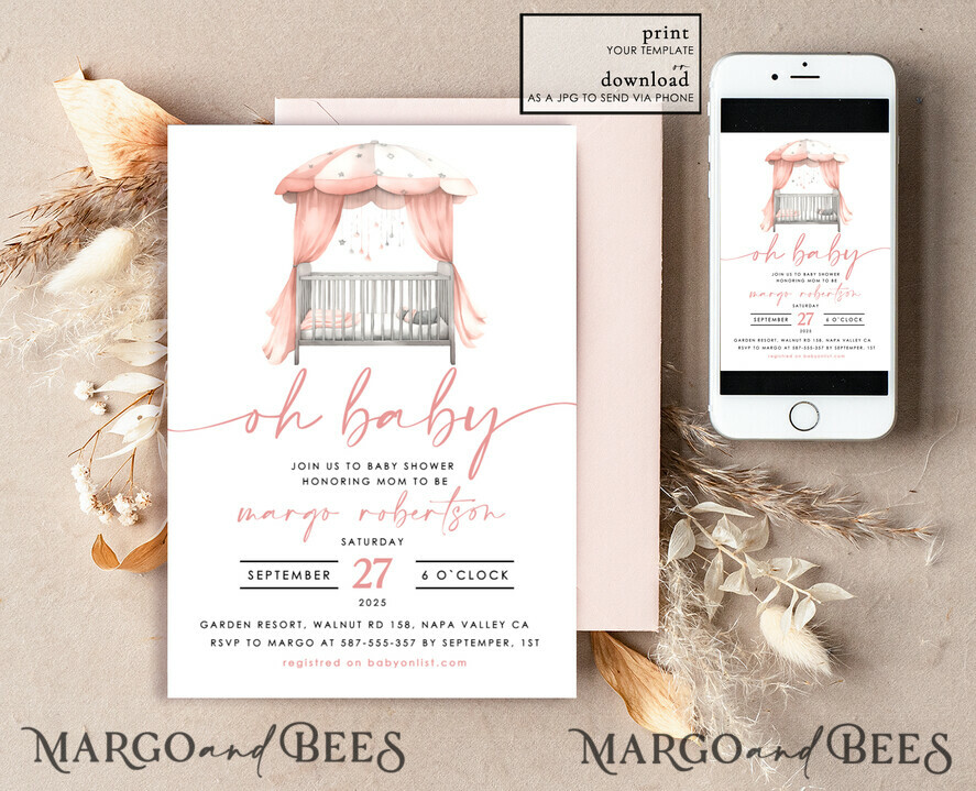 TEMPLETT baby shower Crib Baby Girl Shower Invitation Template Set Oh baby little pink crib Diapper Raffle Books Arch Instant Download Blush Pink editable invite