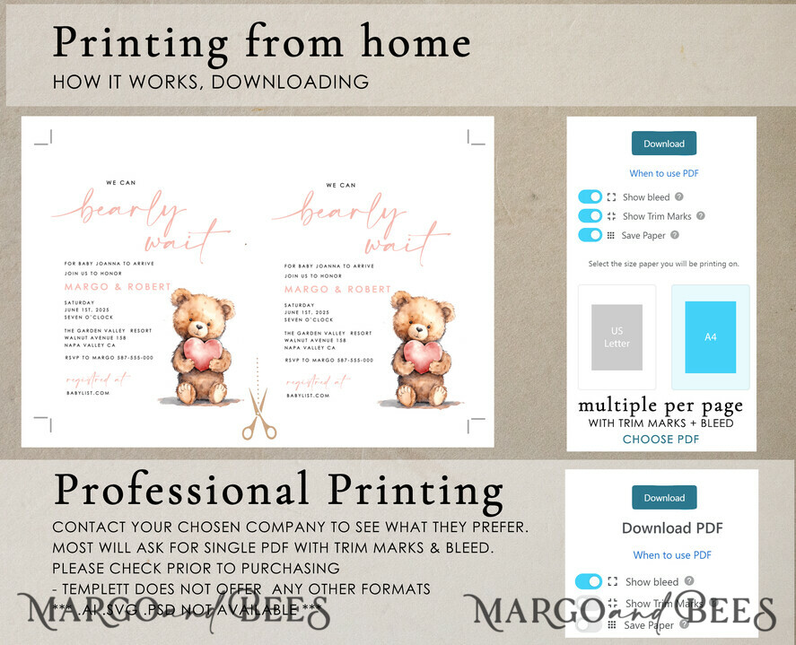 TEMPLETT baby shower Gender Neutral Teddy Bear Baby Boy Shower Invitation Template Set We Can Bearly Wait Diaper Raffle Books, Instant Download Editable Invites