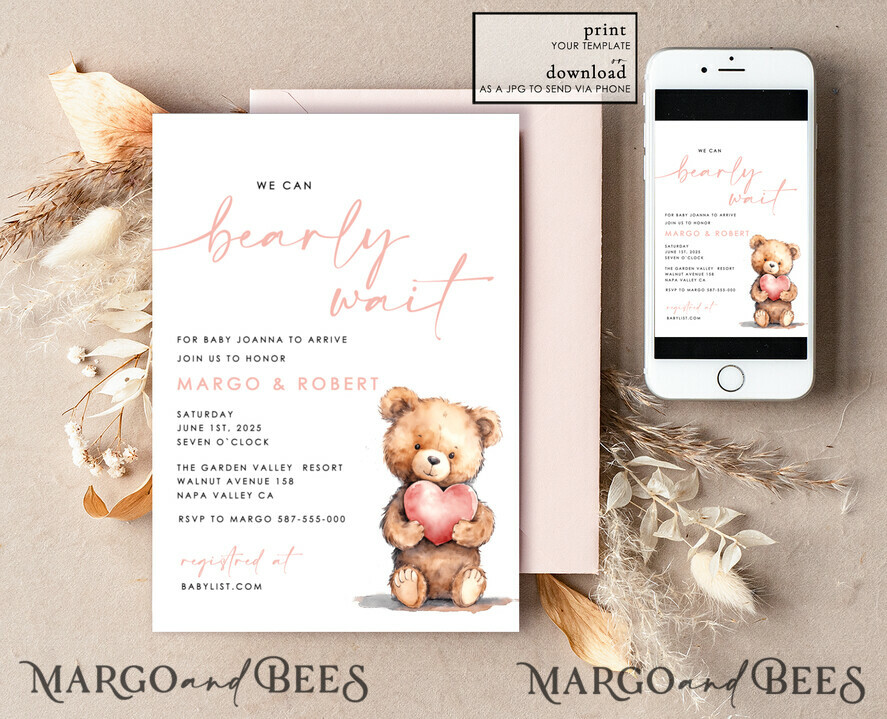 TEMPLETT baby shower Gender Neutral Teddy Bear Baby Boy Shower Invitation Template Set We Can Bearly Wait Diaper Raffle Books, Instant Download Editable Invites
