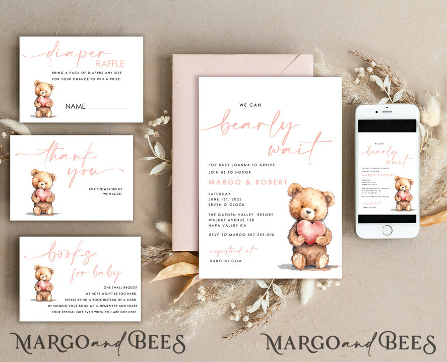 TEMPLETT baby shower Gender Neutral Teddy Bear Baby Boy Shower Invitation Template Set We Can Bearly Wait Diaper Raffle Books, Instant Download Editable Invites