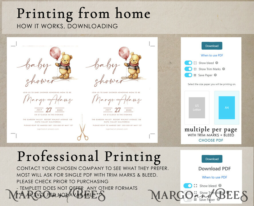 TEMPLETT baby shower Pink Winnie Pooh Girl Baby Shower Invitation Digital Template Set Hunny Fall, Oh baby Diaper Raffle Books Instant Download Printable Invite