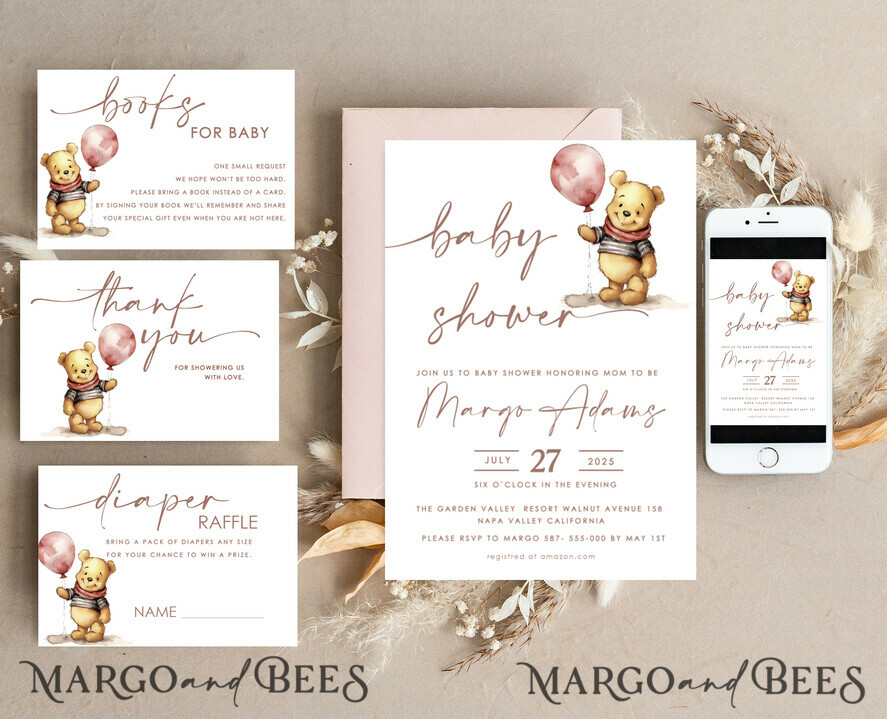 TEMPLETT baby shower Pink Winnie Pooh Girl Baby Shower Invitation Digital Template Set Hunny Fall, Oh baby Diaper Raffle Books Instant Download Printable Invite