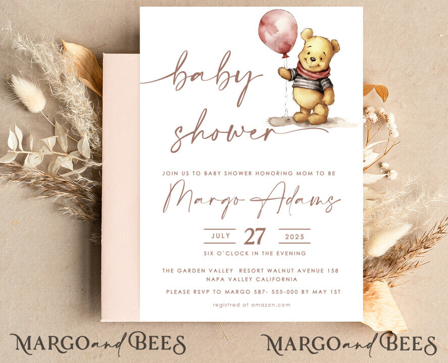 TEMPLETT baby shower Pink Winnie Pooh Girl Baby Shower Invitation Digital Template Set Hunny Fall, Oh baby Diaper Raffle Books Instant Download Printable Invite