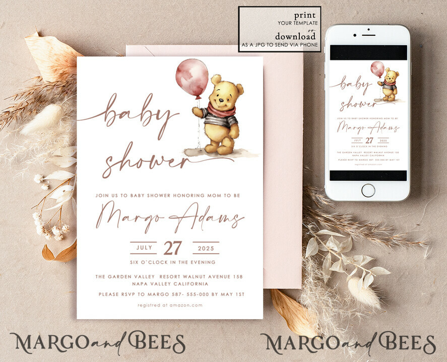 TEMPLETT baby shower Pink Winnie Pooh Girl Baby Shower Invitation Digital Template Set Hunny Fall, Oh baby Diaper Raffle Books Instant Download Printable Invite