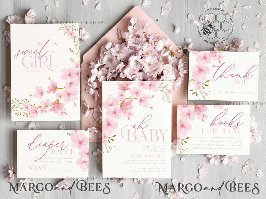 TEMPLETT baby shower Cherry Blossom Baby Shower Invitation Template download suite, Baby Girl Invitations Set, Printable Invites Home Printing Simple Boho Cards