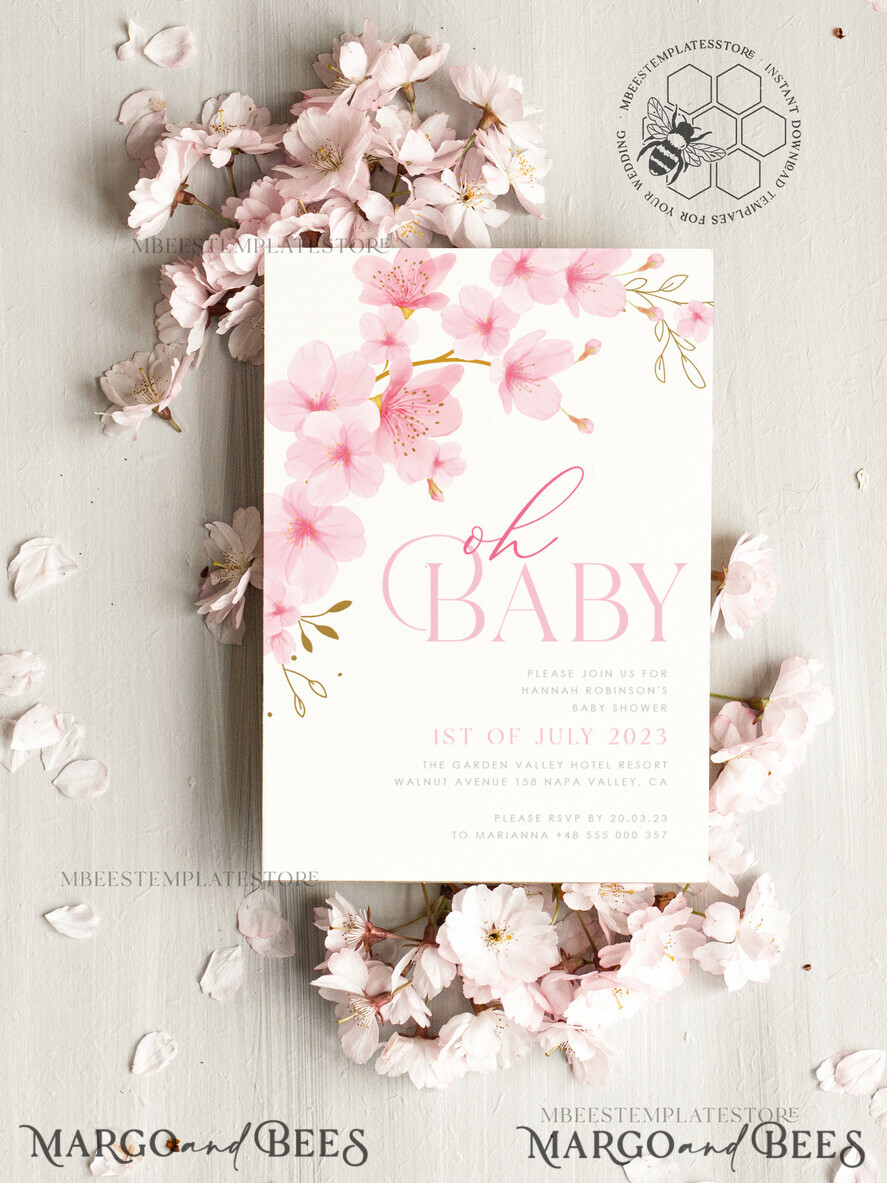 TEMPLETT baby shower Cherry Blossom Baby Shower Invitation Template download suite, Baby Girl Invitations Set, Printable Invites Home Printing Simple Boho Cards