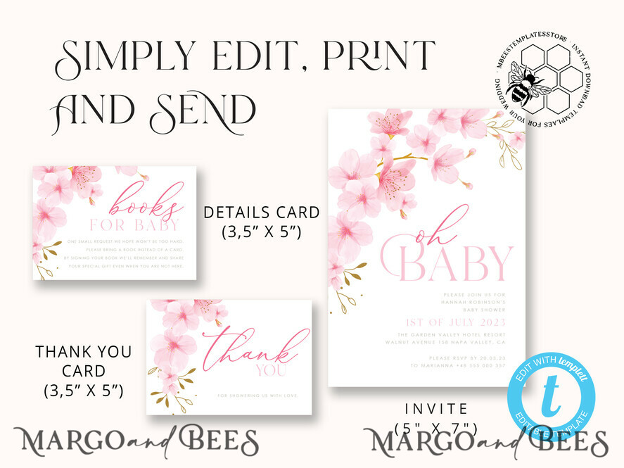 TEMPLETT baby shower Cherry Blossom Baby Shower Invitation Template download suite, Baby Girl Invitations Set, Printable Invites Home Printing Simple Boho Cards