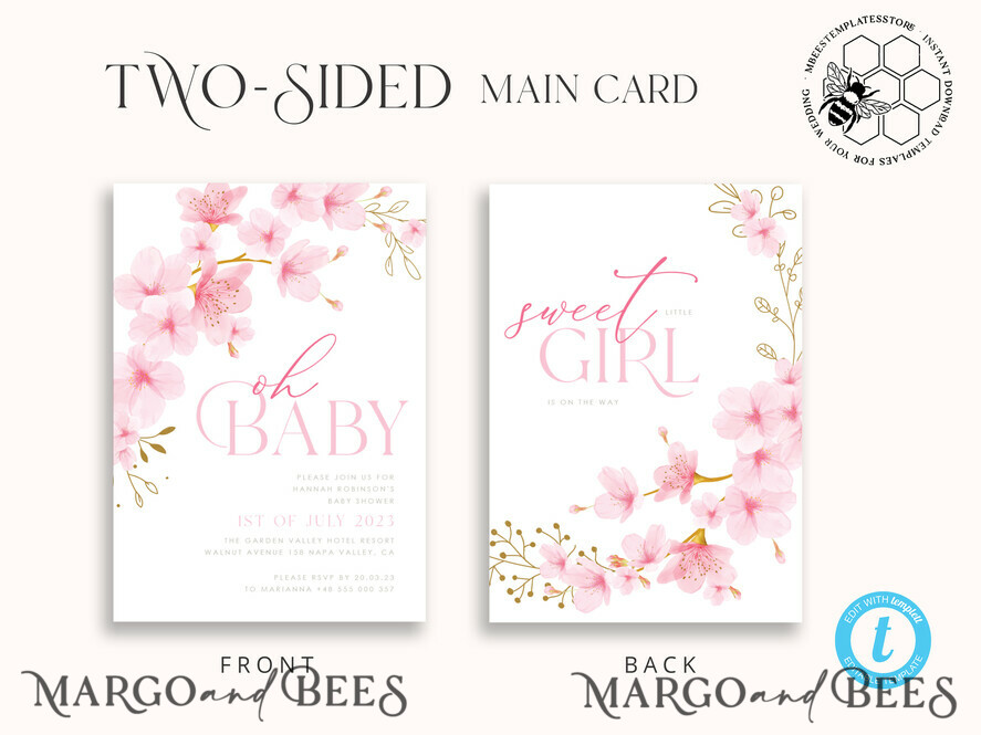 TEMPLETT baby shower Cherry Blossom Baby Shower Invitation Template download suite, Baby Girl Invitations Set, Printable Invites Home Printing Simple Boho Cards