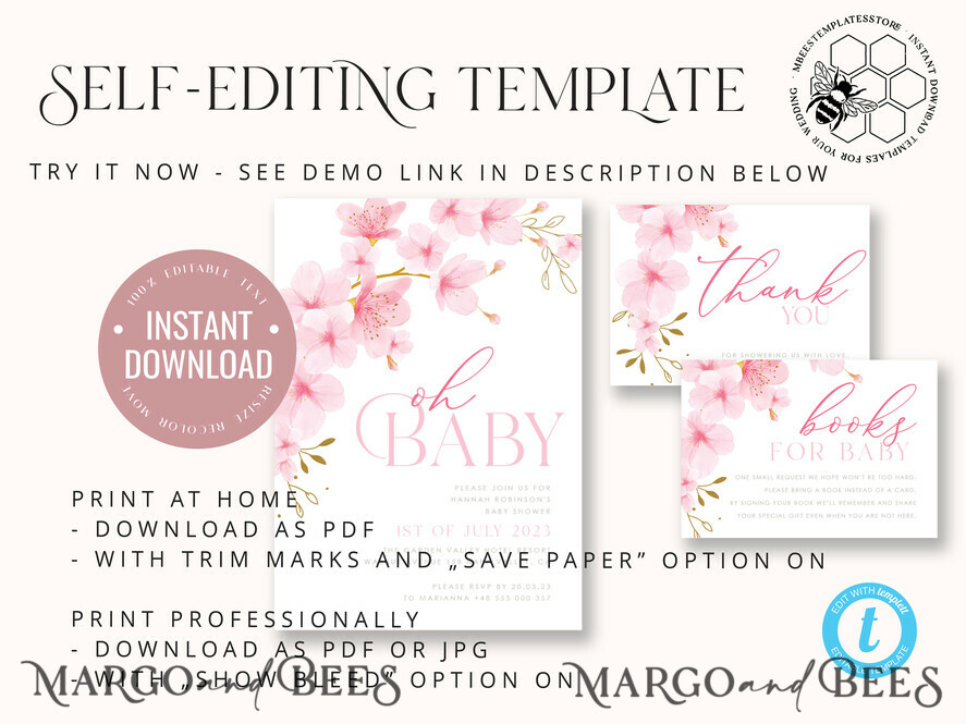TEMPLETT baby shower Cherry Blossom Baby Shower Invitation Template download suite, Baby Girl Invitations Set, Printable Invites Home Printing Simple Boho Cards