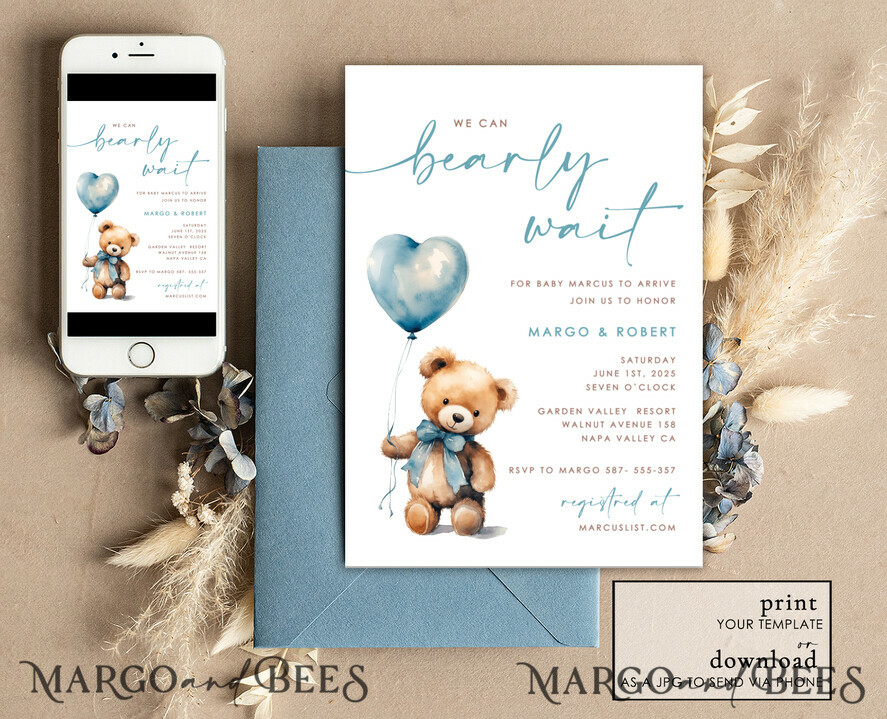TEMPLETT baby shower Teddy Bear Baby Boy Shower Invitation Template Set We Can Bearly Wait Diaper Raffle Books, Instant Download Printable Invites Home Printing