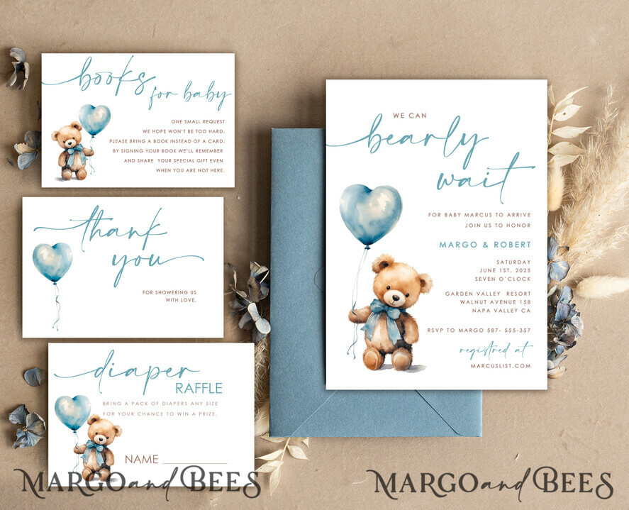 TEMPLETT baby shower Teddy Bear Baby Boy Shower Invitation Template Set We Can Bearly Wait Diaper Raffle Books, Instant Download Printable Invites Home Printing