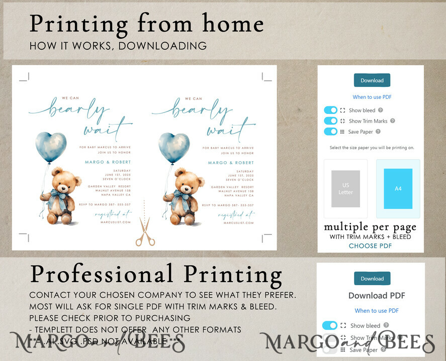 TEMPLETT baby shower Teddy Bear Baby Boy Shower Invitation Template Set We Can Bearly Wait Diaper Raffle Books, Instant Download Printable Invites Home Printing