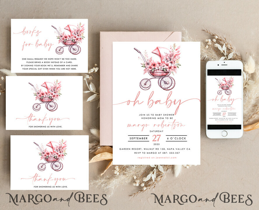 TEMPLETT baby shower Floral Stroller Baby Girl Shower Invitation Template Set Oh baby Diapper Raffle Books Arch Instant Download Pink Flowers editable invite