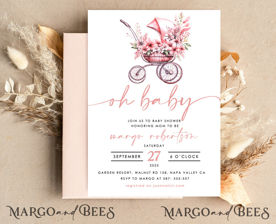 TEMPLETT baby shower Floral Stroller Baby Girl Shower Invitation Template Set Oh baby Diapper Raffle Books Arch Instant Download Pink Flowers editable invite