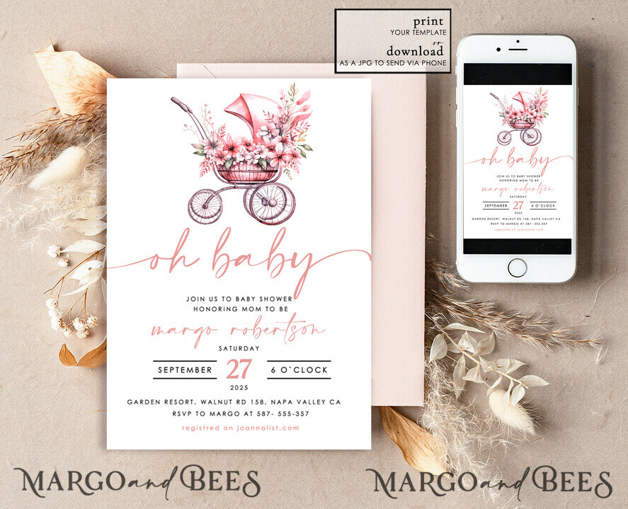 TEMPLETT baby shower Floral Stroller Baby Girl Shower Invitation Template Set Oh baby Diapper Raffle Books Arch Instant Download Pink Flowers editable invite