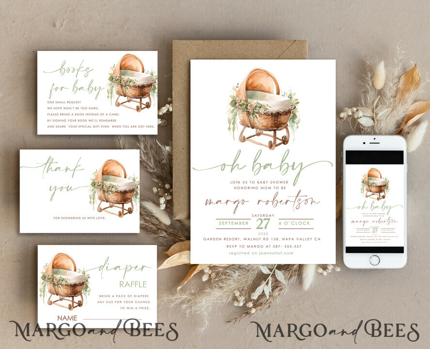 TEMPLETT baby shower Stroller Baby Gender Neutral Shower Invitation Template Oh baby Diapper Raffle Books Arch Instant Download Flowers Basket editable invite