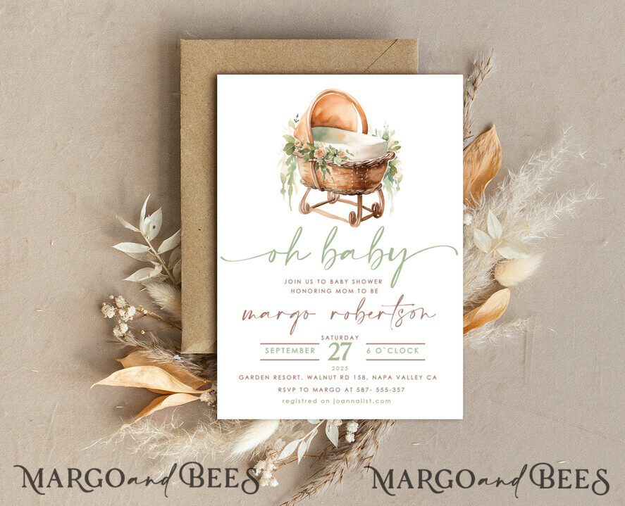 TEMPLETT baby shower Stroller Baby Gender Neutral Shower Invitation Template Oh baby Diapper Raffle Books Arch Instant Download Flowers Basket editable invite